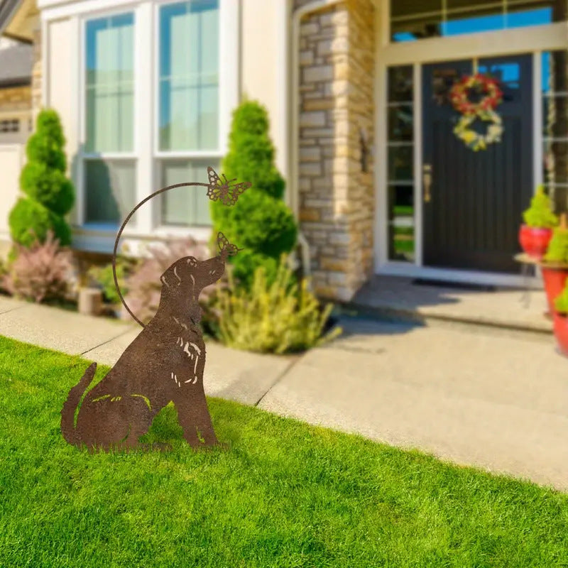 Rustic Iron Dog and Butterfly Garden Stakes